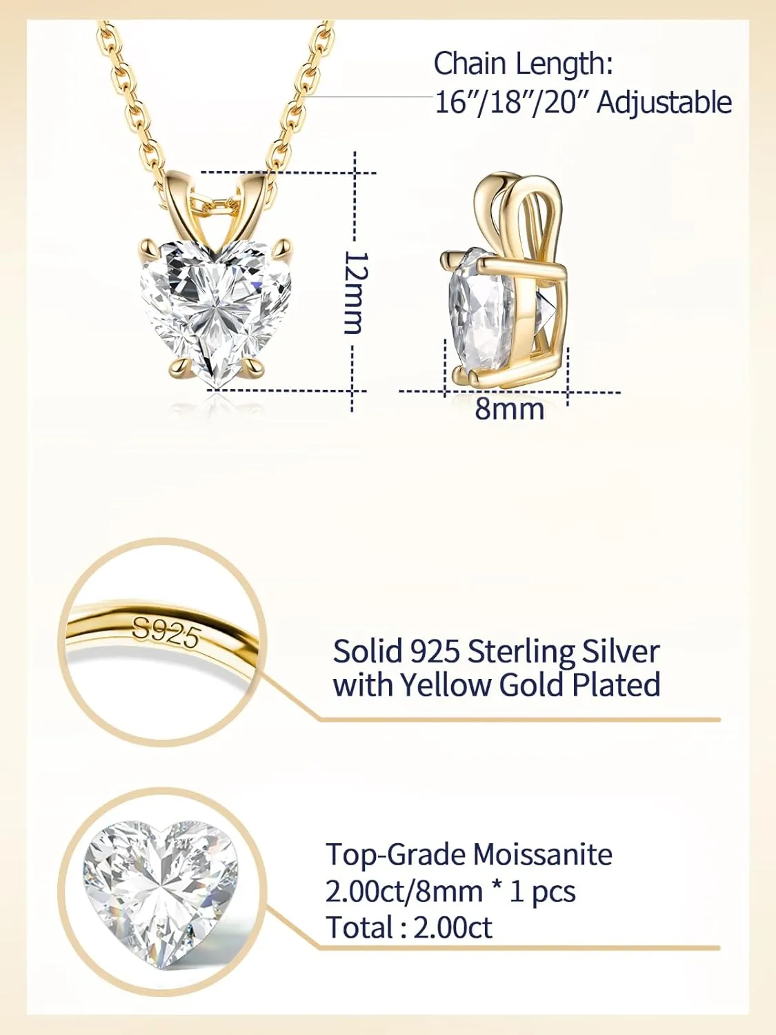 1-2 Carat Moissanite Cute Small Solitaire Necklace for Women, Round Cut/Heart Cut, Solid 925 Sterling Silver, 16"/18"/20" Adjustable Chain, Anniversary Mother's Day Valentines Gift