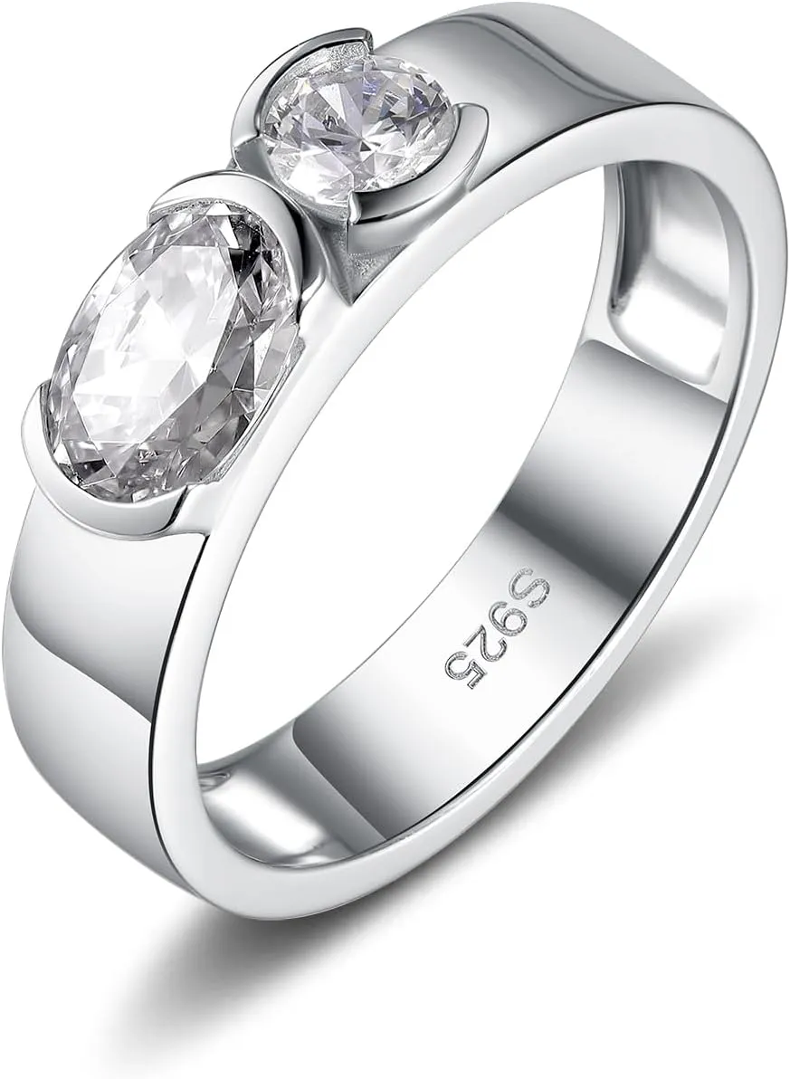 1 Carat Oval Cut Moissanite Two-stone Wide Band Ring for Women Men, Solid 925 Sterling Silver, Size 4-11, Wedding Engagement Promise Aniversary Ring, Birthday Valentines Mothers Day Ideal Gift for Her