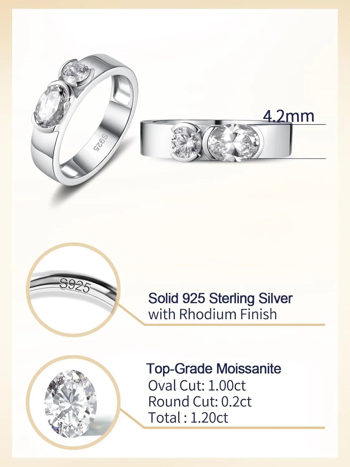 1 Carat Oval Cut Moissanite Two-stone Wide Band Ring for Women Men, Solid 925 Sterling Silver, Size 4-11, Wedding Engagement Promise Aniversary Ring, Birthday Valentines Mothers Day Ideal Gift for Her