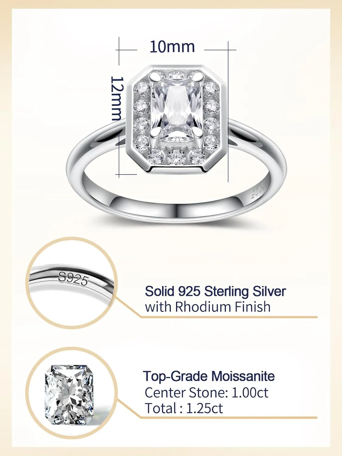 1 Carat Radiant Cut Moissanite Ring for Women, Solid 925 Sterling Silver, Size 4-11, Wedding Bands Engagement Promise Aniversary Ring, Birthday Valentines Mothers Day Ideal Gift for Her