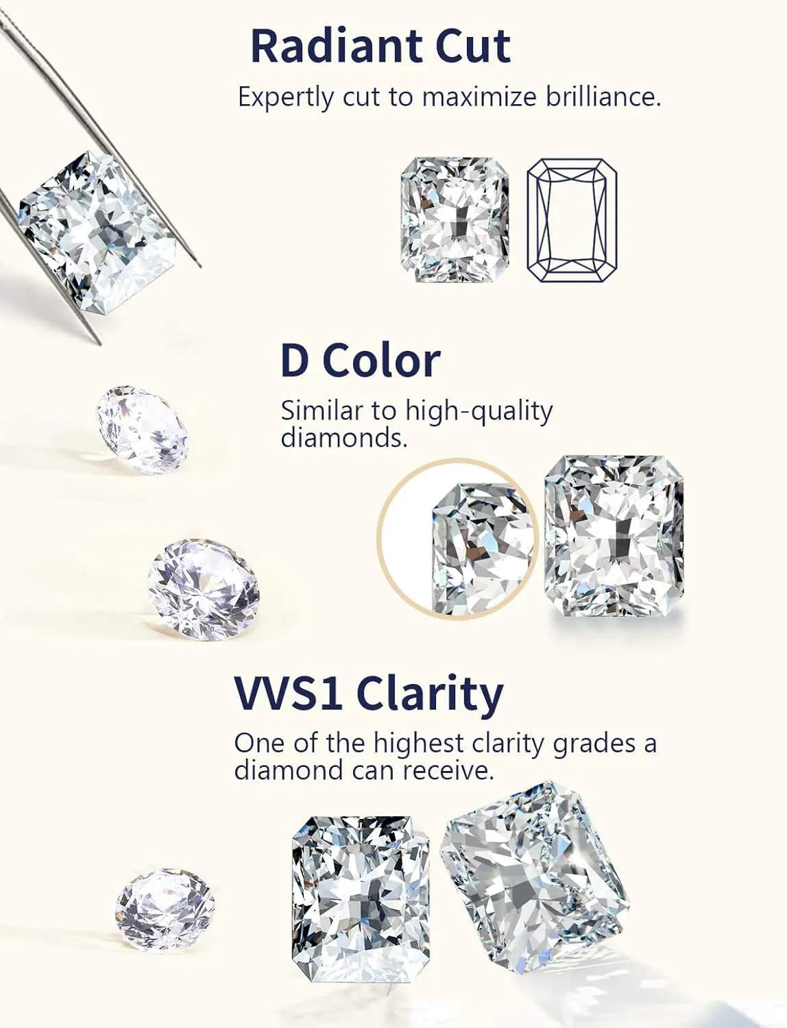 1 Carat Radiant Cut Moissanite Ring for Women, Solid 925 Sterling Silver, Size 4-11, Wedding Bands Engagement Promise Aniversary Ring, Birthday Valentines Mothers Day Ideal Gift for Her