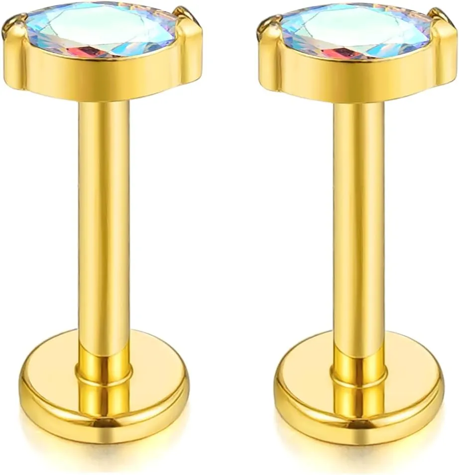 1 pair 16G G23 Titanium Threadless Labret Studs Push-in CZ Labret Lip Cluster Tragus Helix Conch Lobe Rook Cartilage Push Back Sleeper Earring Piercing Jewelry for Men Women