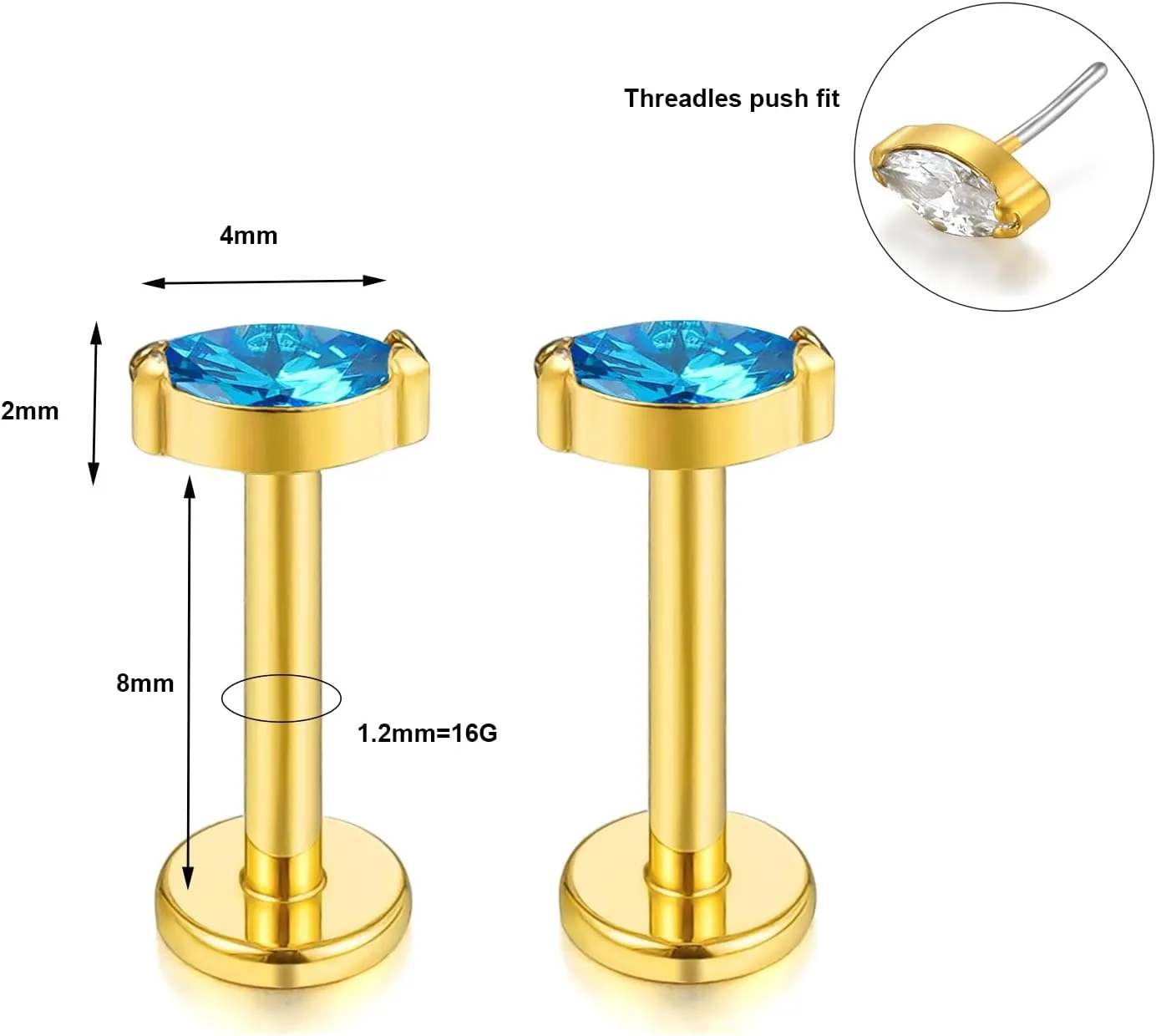 1 pair 16G G23 Titanium Threadless Labret Studs Push-in CZ Labret Lip Cluster Tragus Helix Conch Lobe Rook Cartilage Push Back Sleeper Earring Piercing Jewelry for Men Women