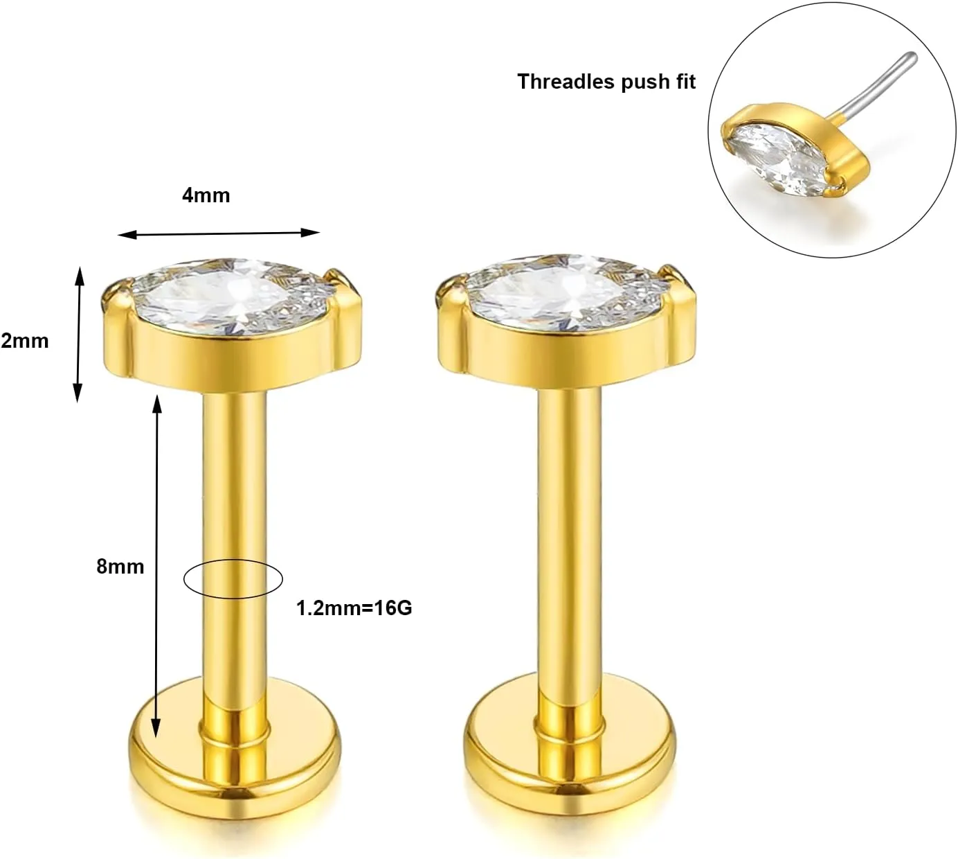 1 pair 16G G23 Titanium Threadless Labret Studs Push-in CZ Labret Lip Cluster Tragus Helix Conch Lobe Rook Cartilage Push Back Sleeper Earring Piercing Jewelry for Men Women