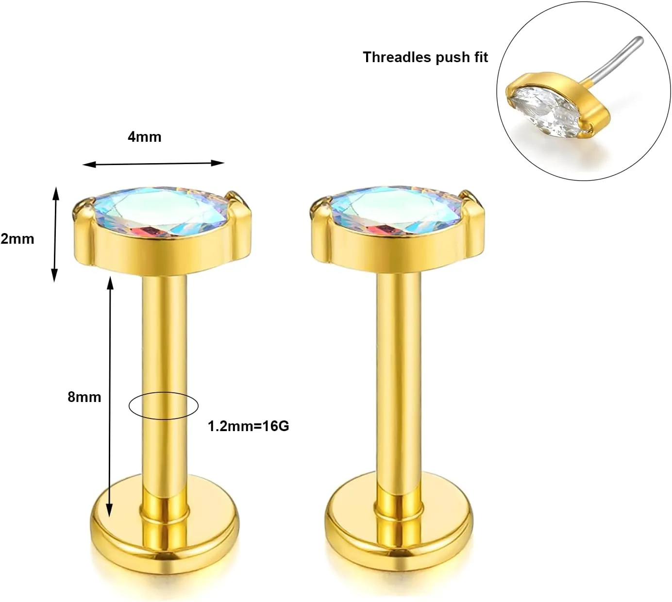 1 pair 16G G23 Titanium Threadless Labret Studs Push-in CZ Labret Lip Cluster Tragus Helix Conch Lobe Rook Cartilage Push Back Sleeper Earring Piercing Jewelry for Men Women