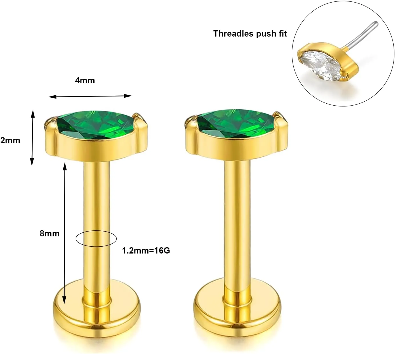 1 pair 16G G23 Titanium Threadless Labret Studs Push-in CZ Labret Lip Cluster Tragus Helix Conch Lobe Rook Cartilage Push Back Sleeper Earring Piercing Jewelry for Men Women