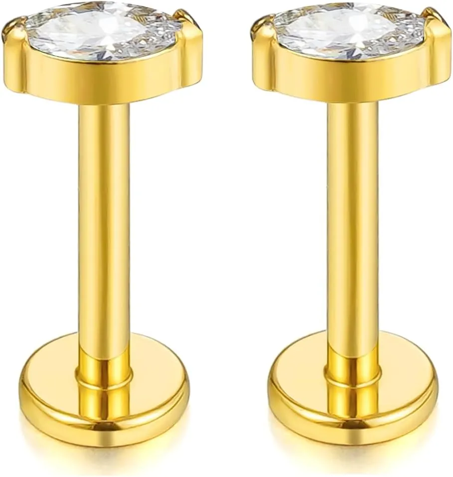 1 pair 16G G23 Titanium Threadless Labret Studs Push-in CZ Labret Lip Cluster Tragus Helix Conch Lobe Rook Cartilage Push Back Sleeper Earring Piercing Jewelry for Men Women
