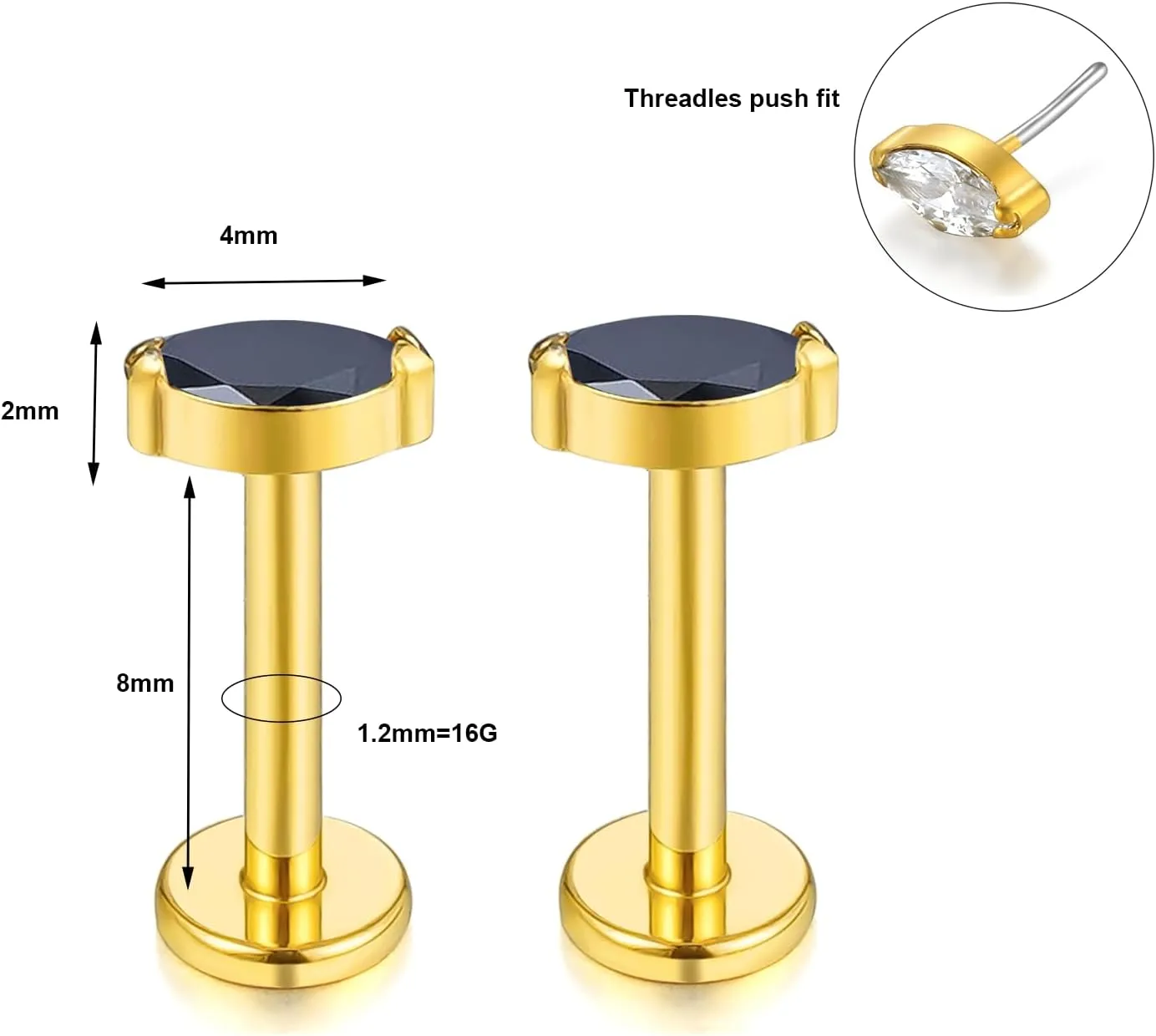 1 pair 16G G23 Titanium Threadless Labret Studs Push-in CZ Labret Lip Cluster Tragus Helix Conch Lobe Rook Cartilage Push Back Sleeper Earring Piercing Jewelry for Men Women