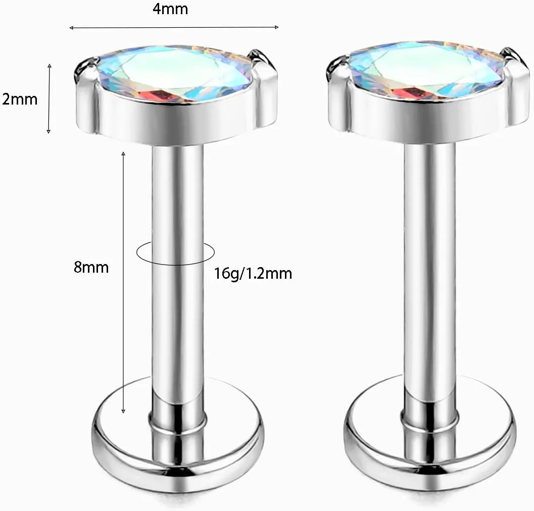 1 pair 16G G23 Titanium Threadless Labret Studs Push-in CZ Labret Lip Cluster Tragus Helix Conch Lobe Rook Cartilage Push Back Sleeper Earring Piercing Jewelry for Men Women