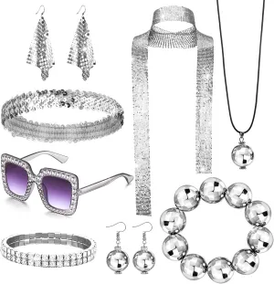 10 Pcs 70s Disco Accessories for Women Sequin Scarf Headband Shiny Tennis Bracelet Ball Necklace Earring Sun Glasses Disco Costume Set