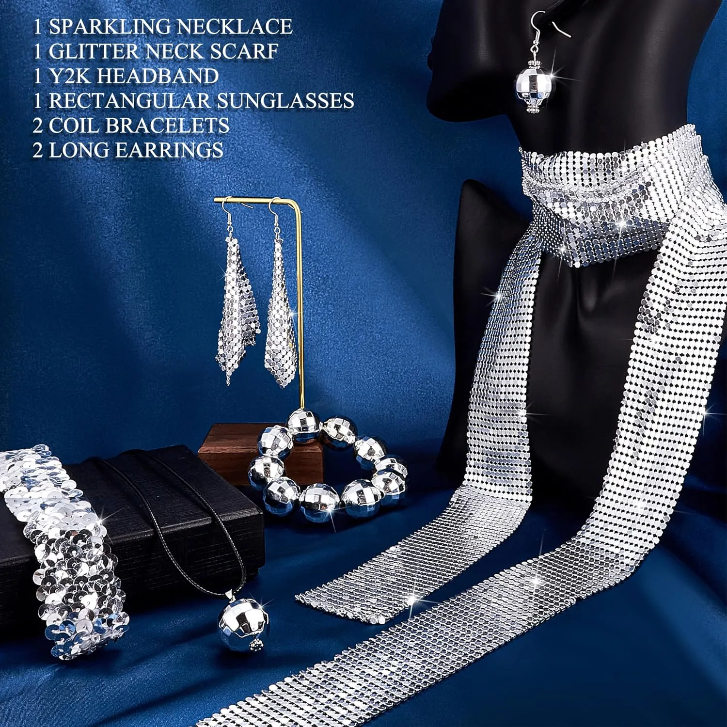 10 Pcs 70s Disco Accessories for Women Sequin Scarf Headband Shiny Tennis Bracelet Ball Necklace Earring Sun Glasses Disco Costume Set