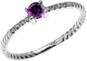 10k White Gold Dainty Diamond and Solitaire Amethyst Rope Design Stackable/Proposal Ring