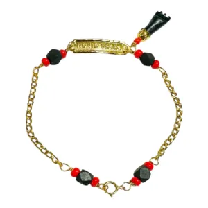 10K Yellow Gold Genuine 4mm Azabache Jet & Red Coral w/Azabache Mano Figa 6" No Me Beses (Don't Kiss Me) Curb Link Baby/Kids Bracelet