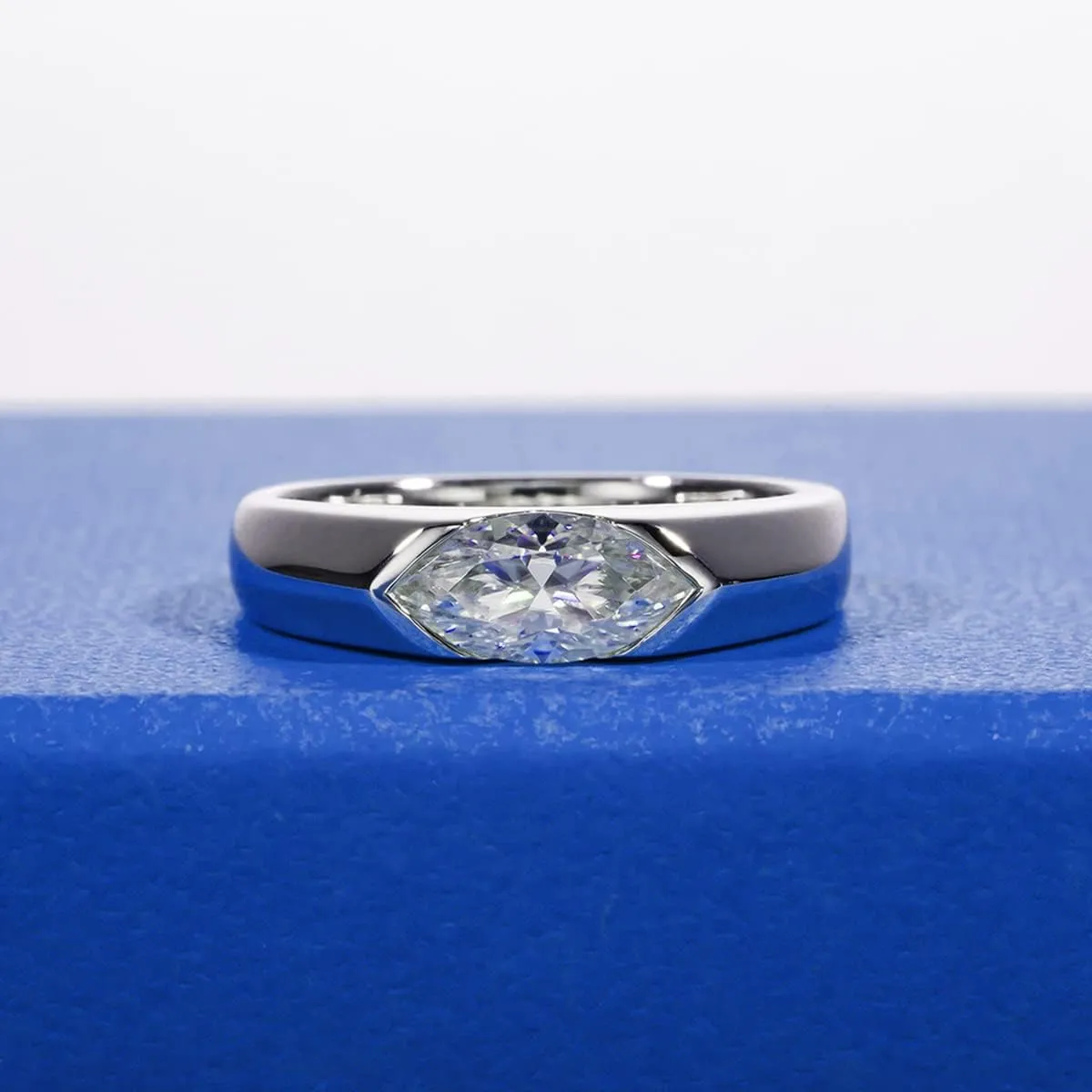 10x5 mm Oval Marquise Cut Moissanite Engagement Ring for Women Platinum-Plated Silver Half Bezel Tension Set Solitaire Wedding Band D color VVS Moissanite Anniversary Promise Rings