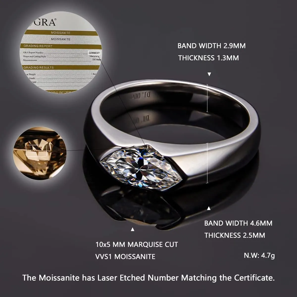 10x5 mm Oval Marquise Cut Moissanite Engagement Ring for Women Platinum-Plated Silver Half Bezel Tension Set Solitaire Wedding Band D color VVS Moissanite Anniversary Promise Rings