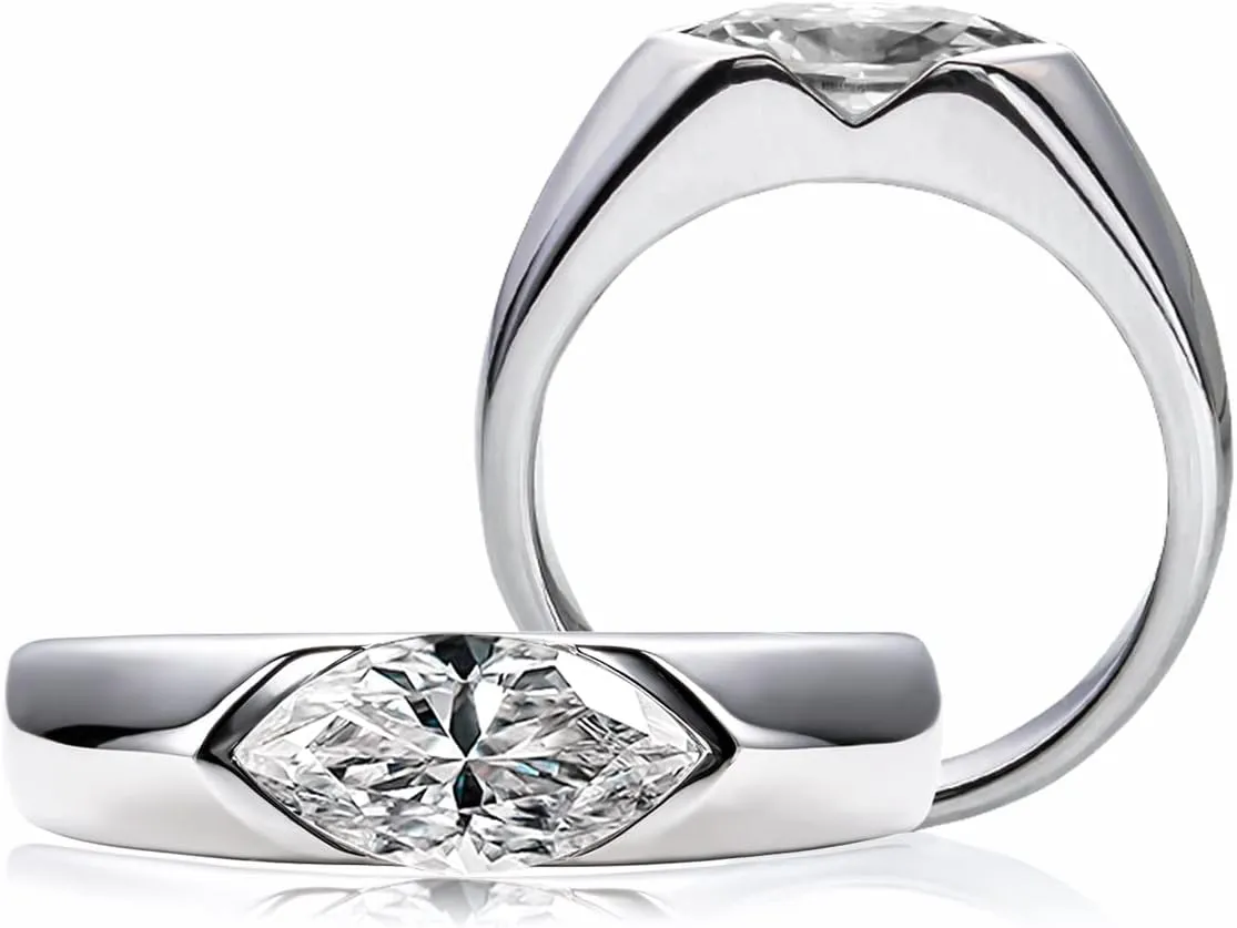 10x5 mm Oval Marquise Cut Moissanite Engagement Ring for Women Platinum-Plated Silver Half Bezel Tension Set Solitaire Wedding Band D color VVS Moissanite Anniversary Promise Rings