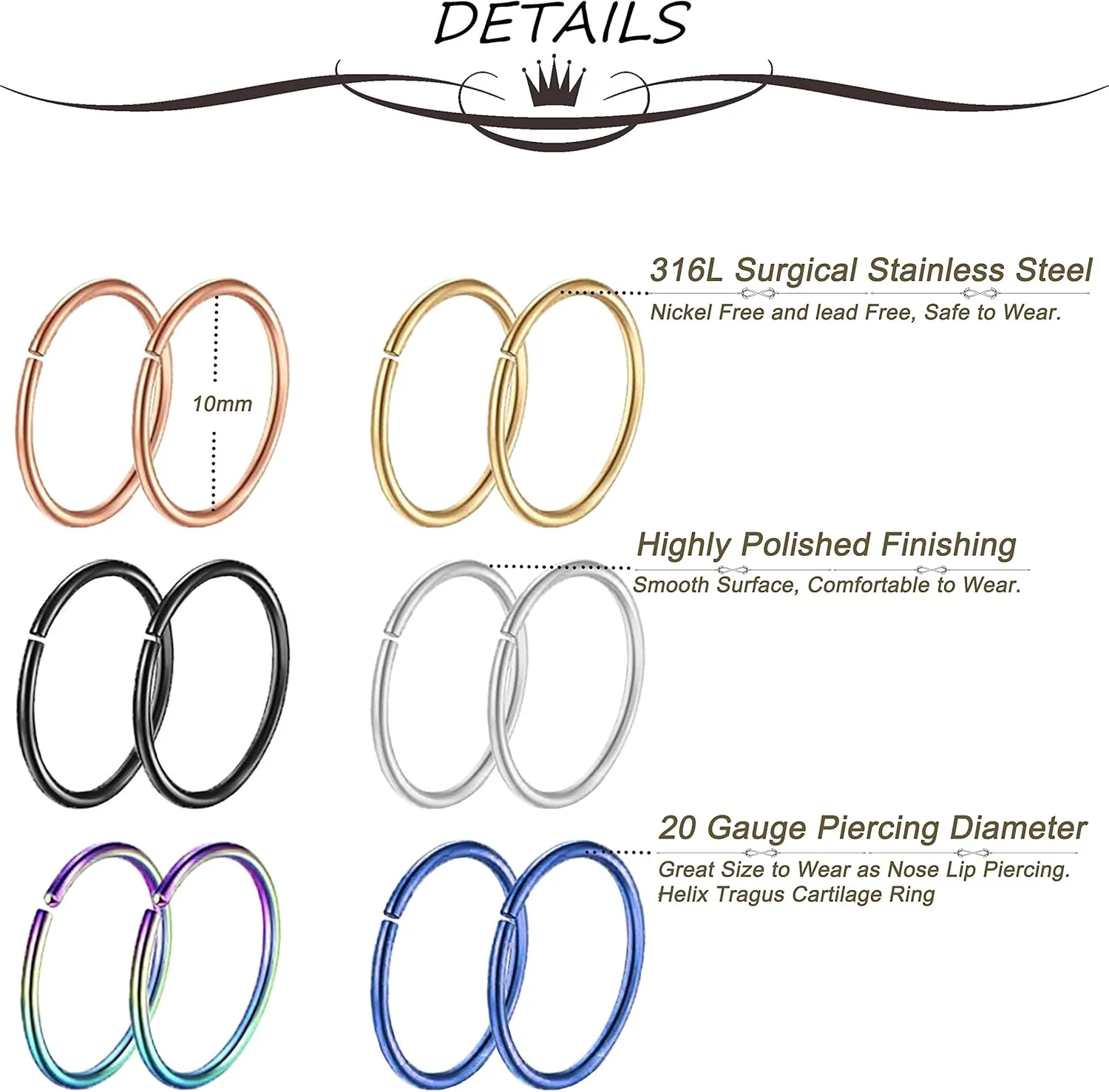 12-24Pcs 20G 316L Stainless Steel Nose Rings Hoop Tragus Cartilage Septum Ring Lip Piercing 8-10MM