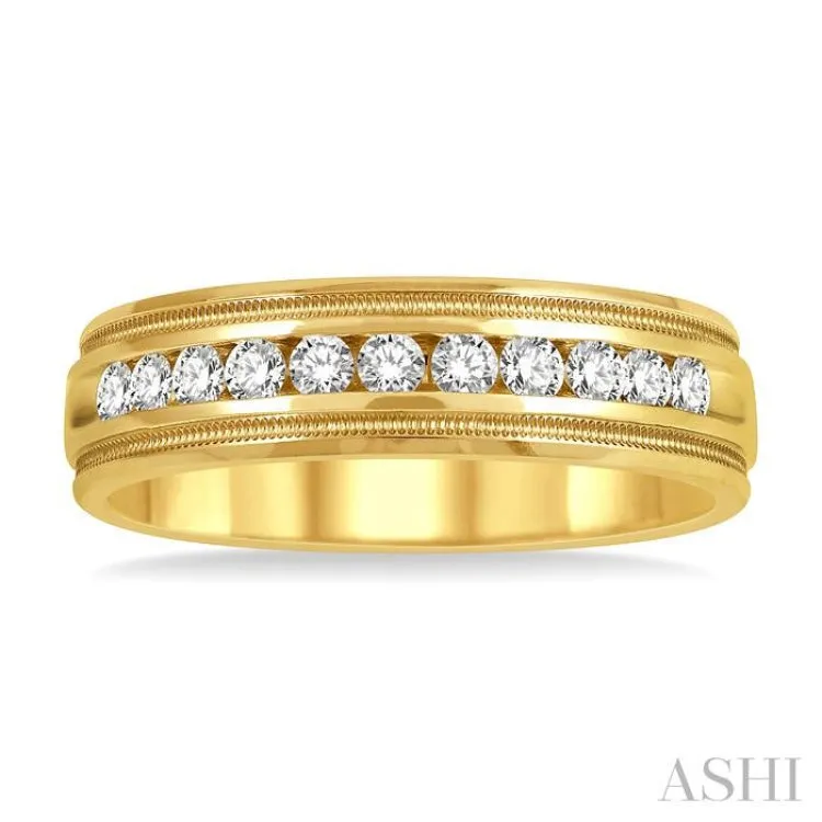 1/2 ctw Parallel Milgrain & Niched Center Round Cut Diamond Men's Wedding Band in 14K Yellow Gold