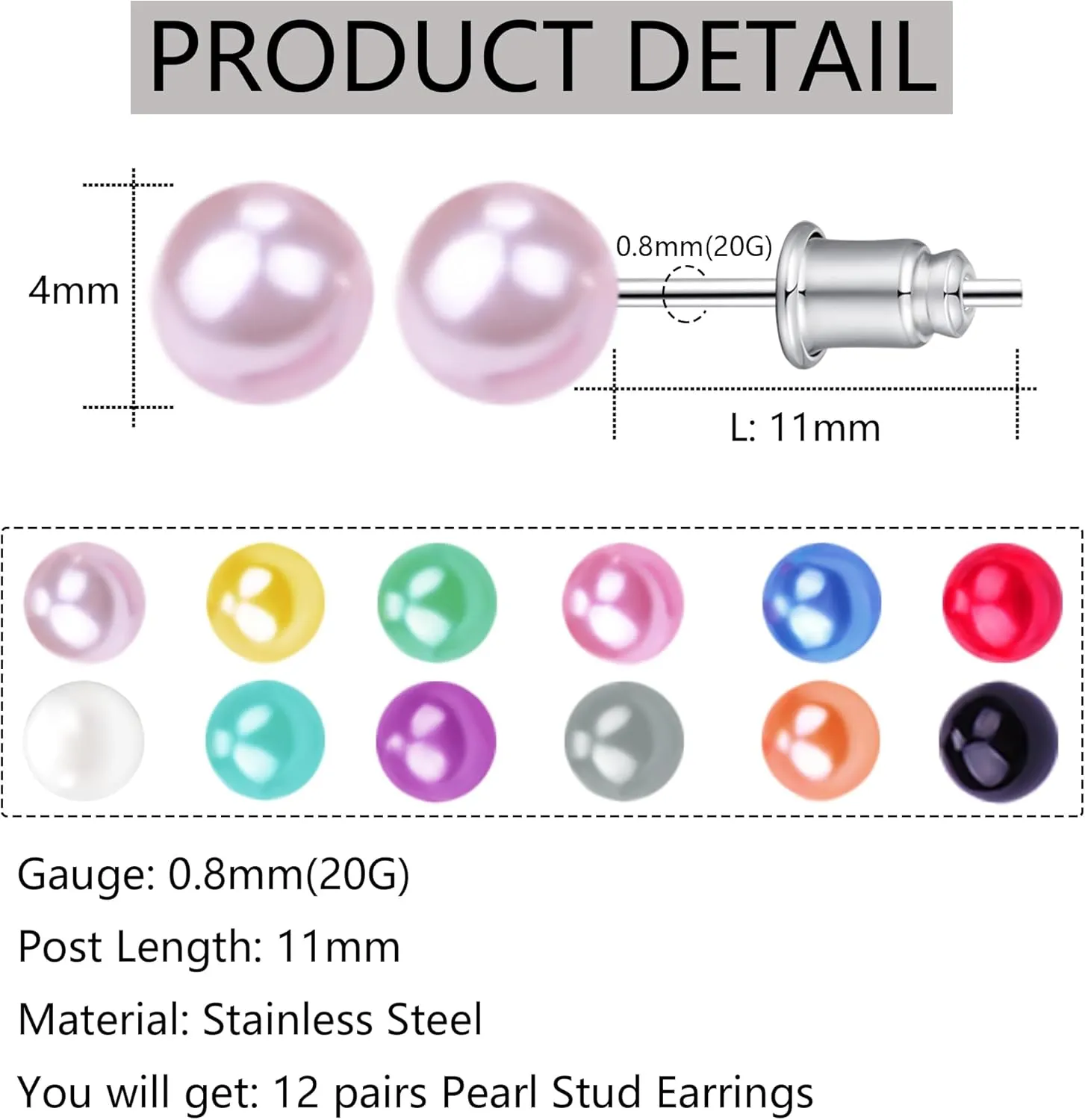 12 Pairs Colorful Pearl Stud Earrings for Women Stainless Steel Small Studs Set