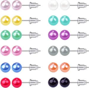 12 Pairs Colorful Pearl Stud Earrings for Women Stainless Steel Small Studs Set