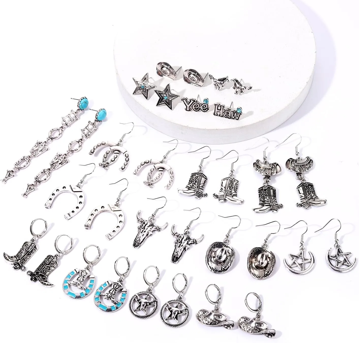 12 Pairs Western Turquoise Earrings for Women Bohemian Cowgirl Cowboy Boot Earrings Vintage Flower Lightning Cactus Dangle Earrings Country Earrings Set Turquoise Western Jewelry Gifts