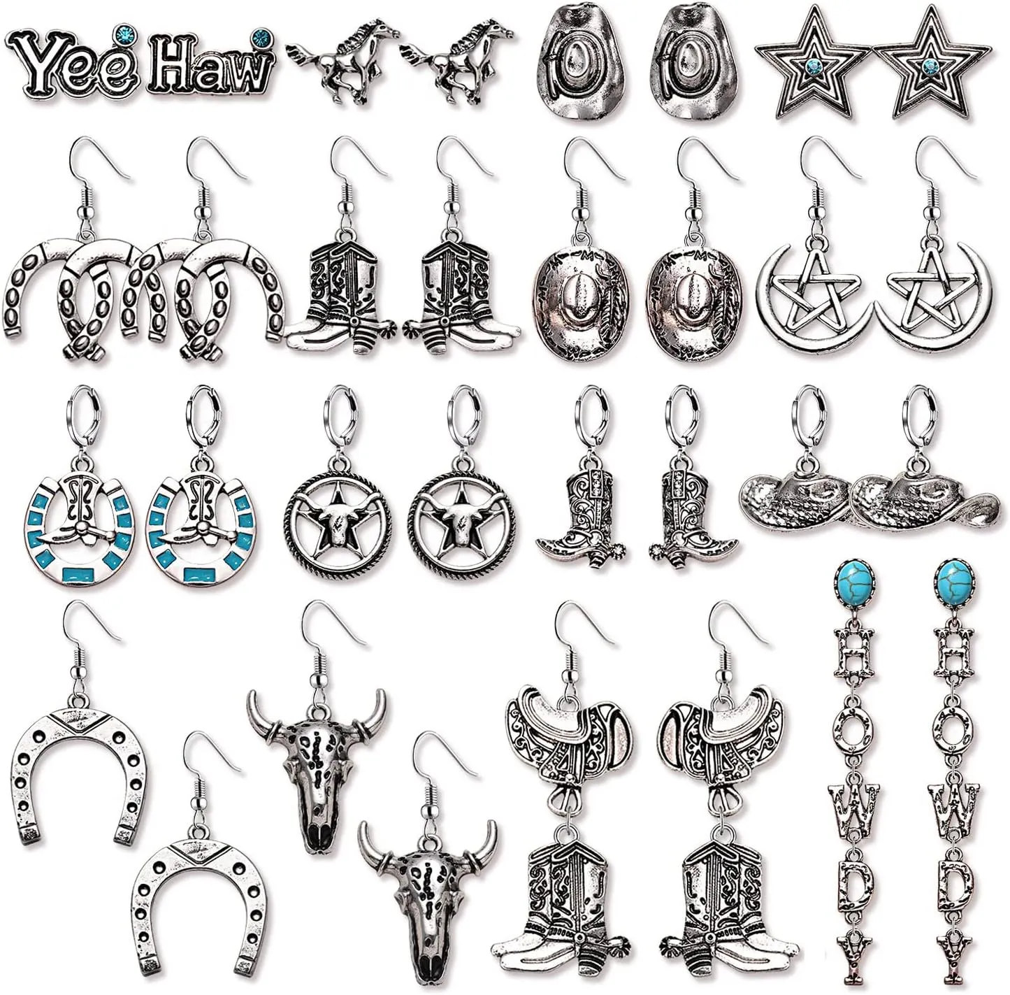 12 Pairs Western Turquoise Earrings for Women Bohemian Cowgirl Cowboy Boot Earrings Vintage Flower Lightning Cactus Dangle Earrings Country Earrings Set Turquoise Western Jewelry Gifts