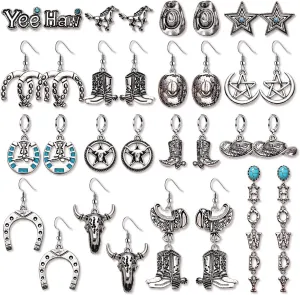 12 Pairs Western Turquoise Earrings for Women Bohemian Cowgirl Cowboy Boot Earrings Vintage Flower Lightning Cactus Dangle Earrings Country Earrings Set Turquoise Western Jewelry Gifts