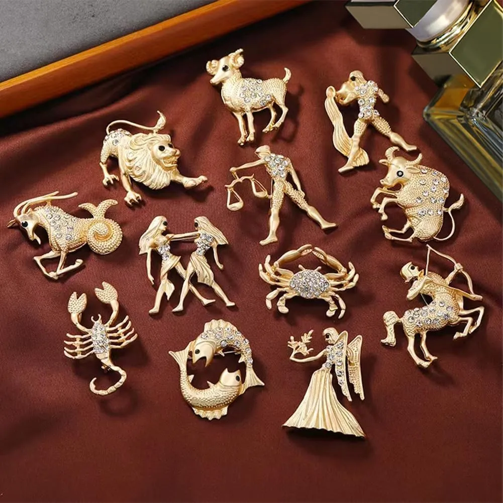 12 Zodiac Sign Brooch Pin Shiny Rhinestone Constellation Lapel Pin Gold Plated Astrology Lapel Brooch for Women Men Horoscope Gift Backpack T-Shirts