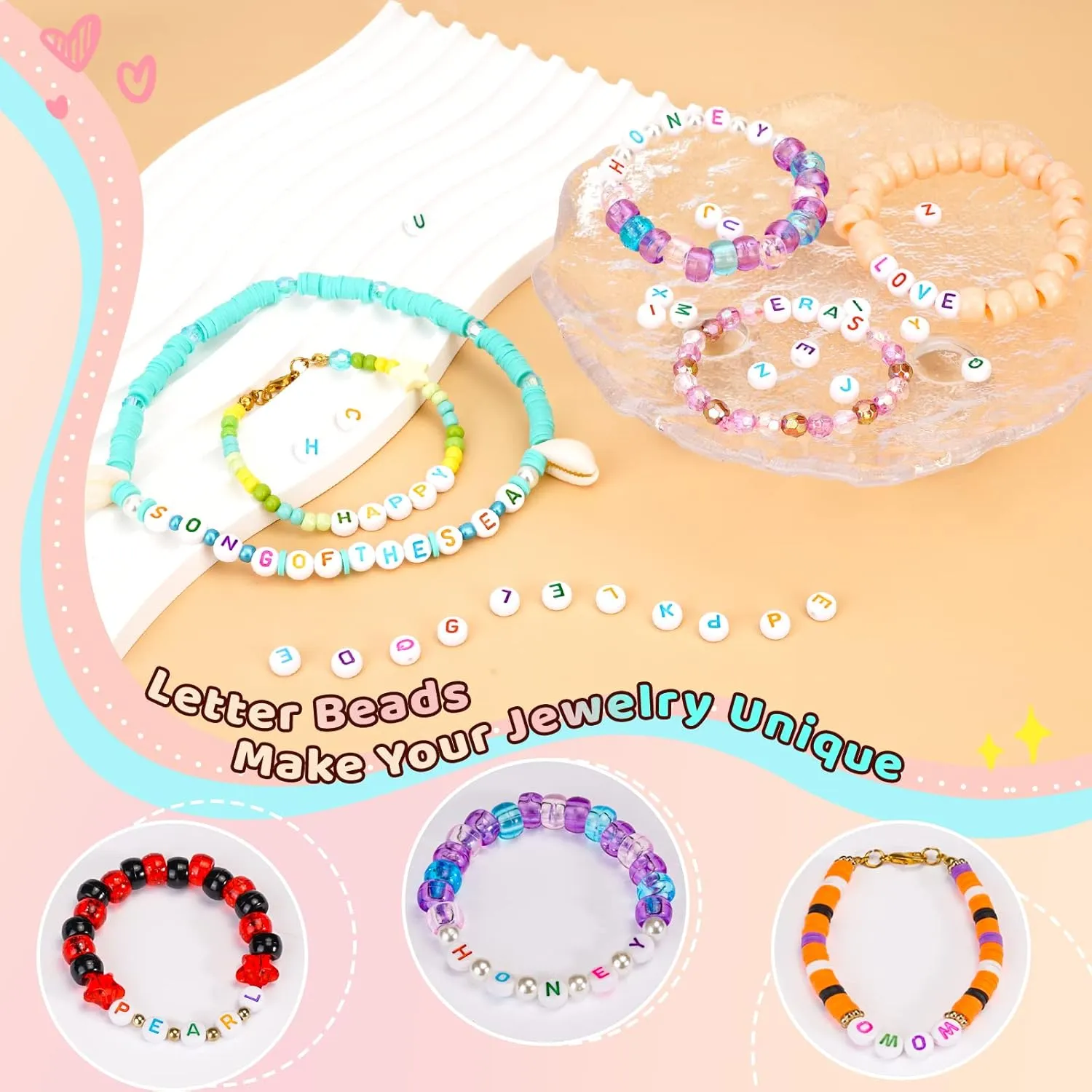 1400 Pcs Letter Beads Kit, 28 Styles White Acrylic Alphabet Beads Letter Beads for Jewelry Making wiht Number Beads Heart Beads Friendship Bracelet Kit