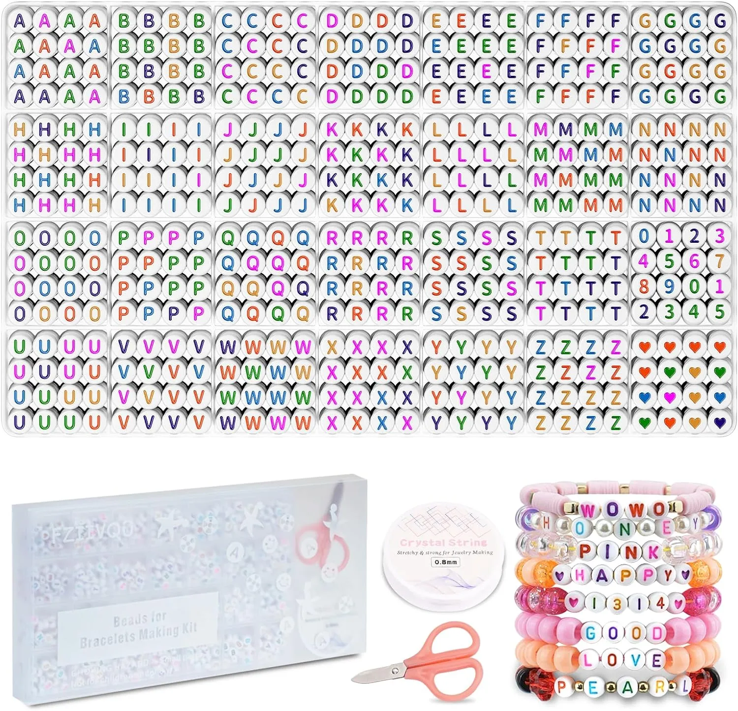 1400 Pcs Letter Beads Kit, 28 Styles White Acrylic Alphabet Beads Letter Beads for Jewelry Making wiht Number Beads Heart Beads Friendship Bracelet Kit
