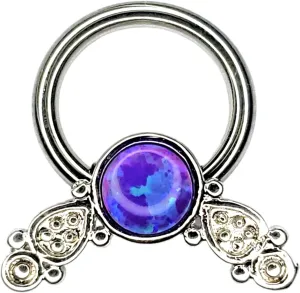 14G SEPTUM CLICKER SYNTHETIC PURPLE OPAL Nose Ring Piercing Hanger Hoop Silver 9115