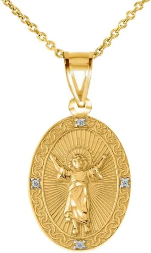14k Gold Diamond Divino Nio Jess (Divine Infant Jesus) Oval Medallion Pendant Necklace