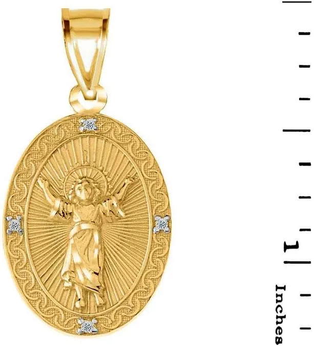 14k Gold Diamond Divino Nio Jess (Divine Infant Jesus) Oval Medallion Pendant Necklace