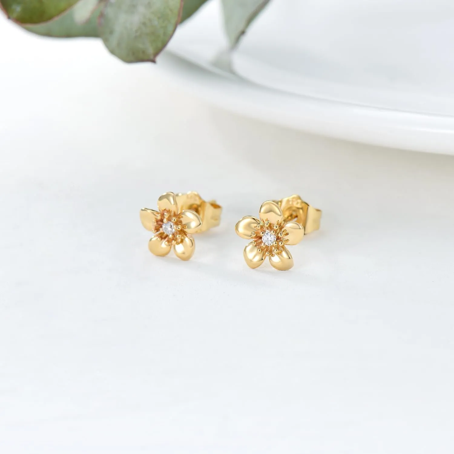 14k Gold Flower Stud Earrings for Women With Push Backs, Yellow Gold Blossom Flower Moissanite/Diamond Earring, Anniversary Mothers Day Jewelry Gifts for Mom/Wife/Friend