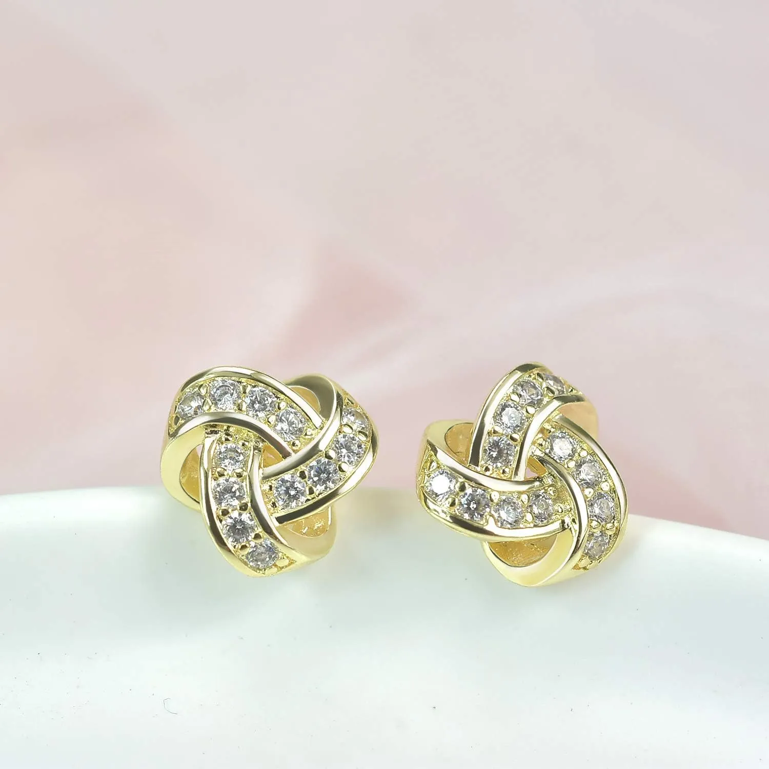 14K Gold Plated Stud Earrings 925 Sterling Silver Post CZ Hypoallergenic Earrings Love Knot Cubic Zirconia Earrings for Women