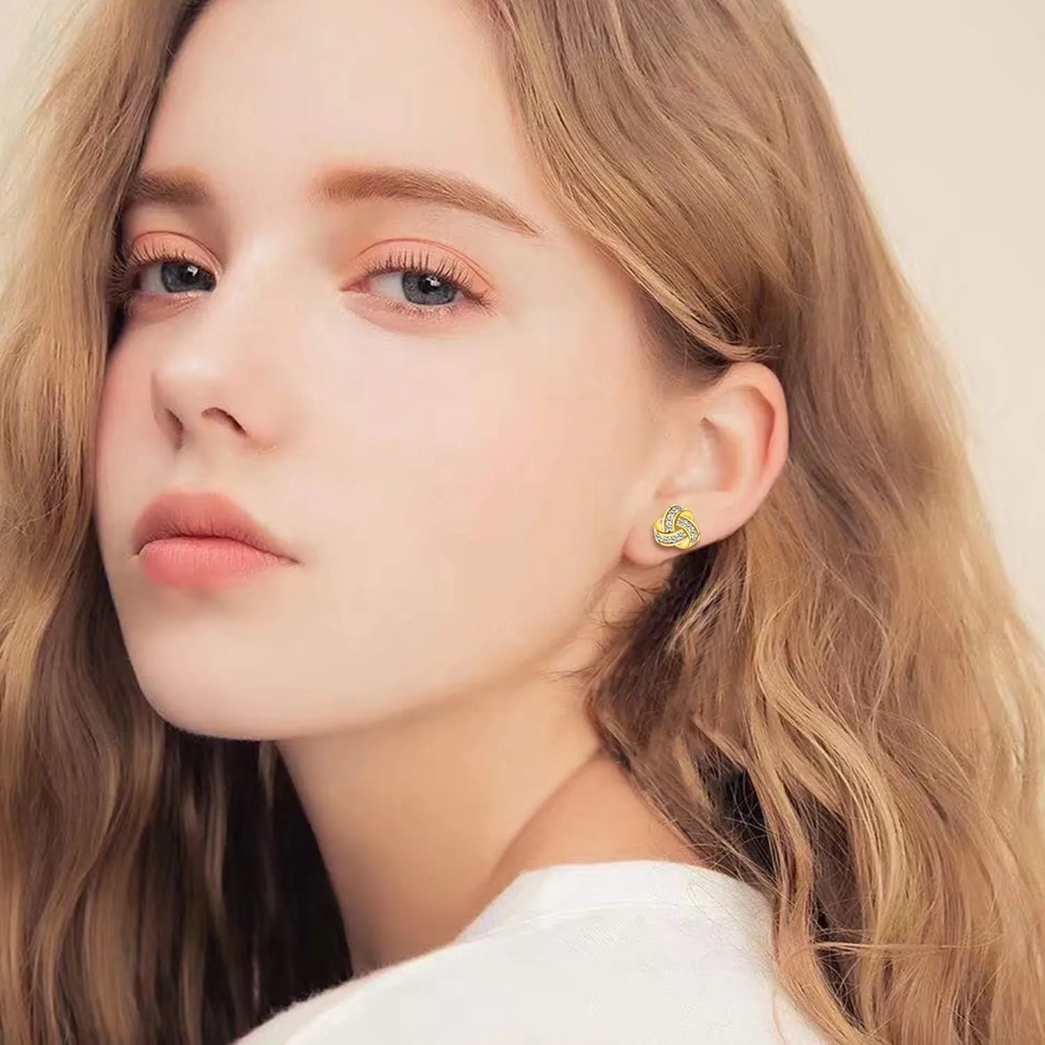 14K Gold Plated Stud Earrings 925 Sterling Silver Post CZ Hypoallergenic Earrings Love Knot Cubic Zirconia Earrings for Women
