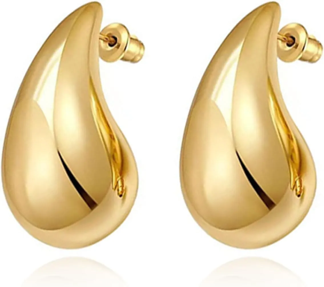14K Gold Plated Teardrop Chunky Hoop Earrings for Women Waterdrop Gold Earrings Lightweight Teardrop Gold Big Earrings Geometric High Polished Statement Hoop Earrings Fashion Jewelry Gift