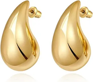 14K Gold Plated Teardrop Chunky Hoop Earrings for Women Waterdrop Gold Earrings Lightweight Teardrop Gold Big Earrings Geometric High Polished Statement Hoop Earrings Fashion Jewelry Gift