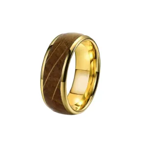 14K Gold Whiskey Barrel Rings for Men 8mm Yellow Gold Wedding Bands with Whisky Bourbon Wood Inlay Comfort Fit Tungsten Rustic Wooden Anniversary Gifts for Him