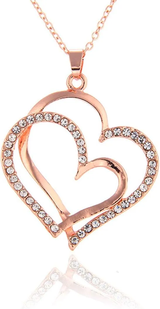 14K Rose Gold Silver Double Heart Shaped Necklace Shiny Crystal Stud Earrings Wedding Jewelry Set Best Gifts