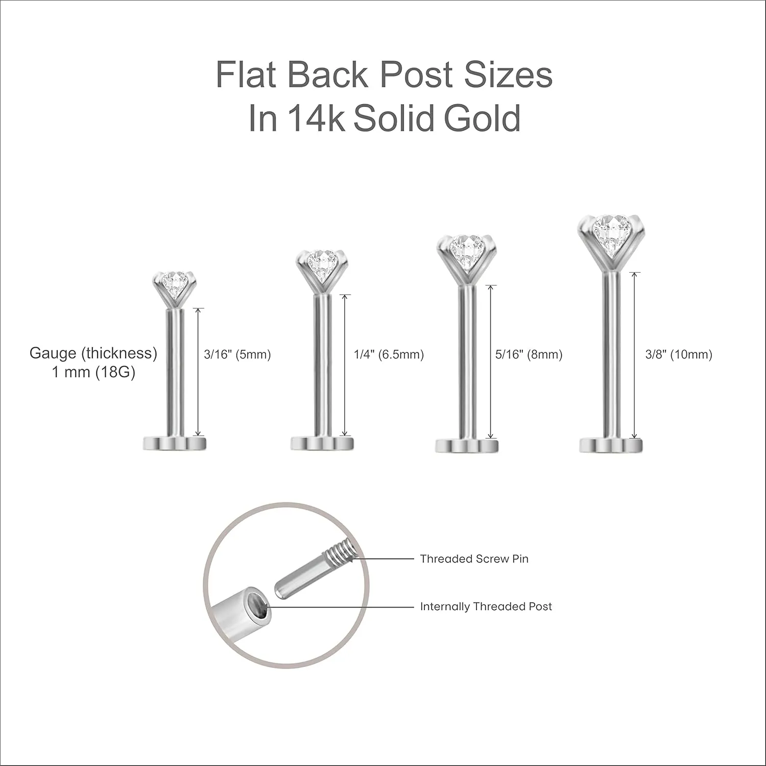 14K Solid Gold Dainty Mini Bar Flat Back Stud Earring Internally Threaded Upper Earlobe Tragus Helix Piercing Jewelry for Sensitive Ears Minimalist Earring for Upper Ear Cartilage Piercing SINGLE/PAIR