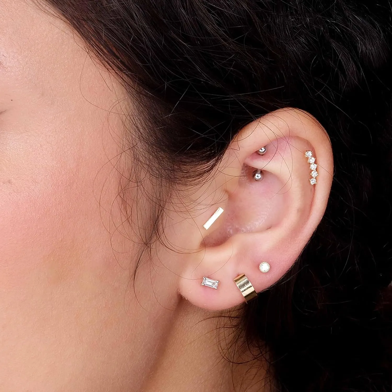 14K Solid Gold Dainty Mini Bar Flat Back Stud Earring Internally Threaded Upper Earlobe Tragus Helix Piercing Jewelry for Sensitive Ears Minimalist Earring for Upper Ear Cartilage Piercing SINGLE/PAIR