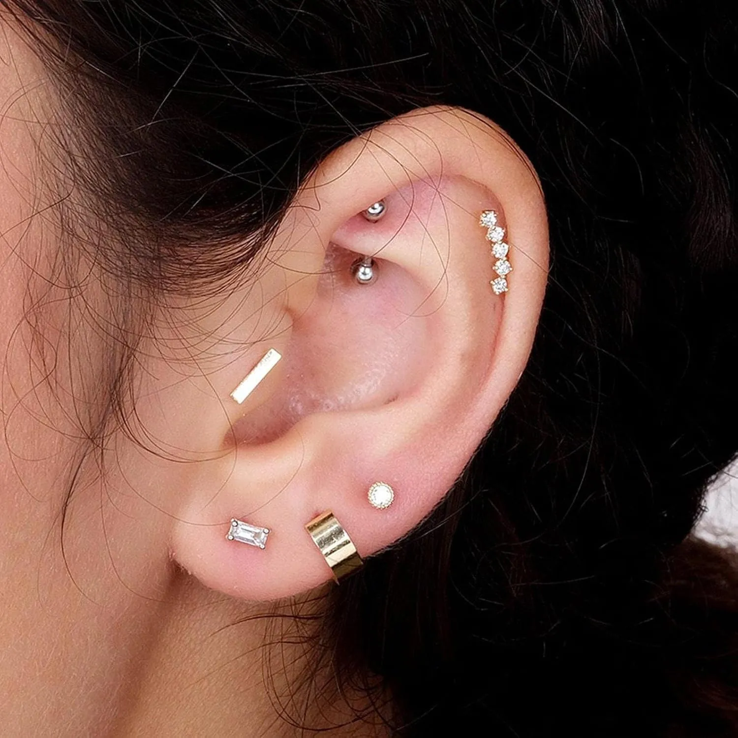14K Solid Gold Dainty Mini Bar Flat Back Stud Earring Internally Threaded Upper Earlobe Tragus Helix Piercing Jewelry for Sensitive Ears Minimalist Earring for Upper Ear Cartilage Piercing SINGLE/PAIR