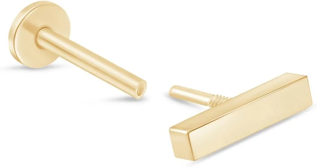 14K Solid Gold Dainty Mini Bar Flat Back Stud Earring Internally Threaded Upper Earlobe Tragus Helix Piercing Jewelry for Sensitive Ears Minimalist Earring for Upper Ear Cartilage Piercing SINGLE/PAIR