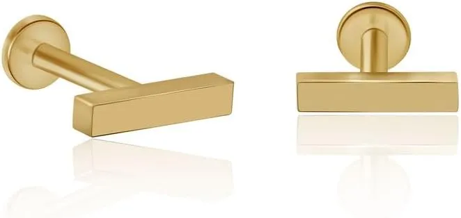 14K Solid Gold Dainty Mini Bar Flat Back Stud Earring Internally Threaded Upper Earlobe Tragus Helix Piercing Jewelry for Sensitive Ears Minimalist Earring for Upper Ear Cartilage Piercing SINGLE/PAIR