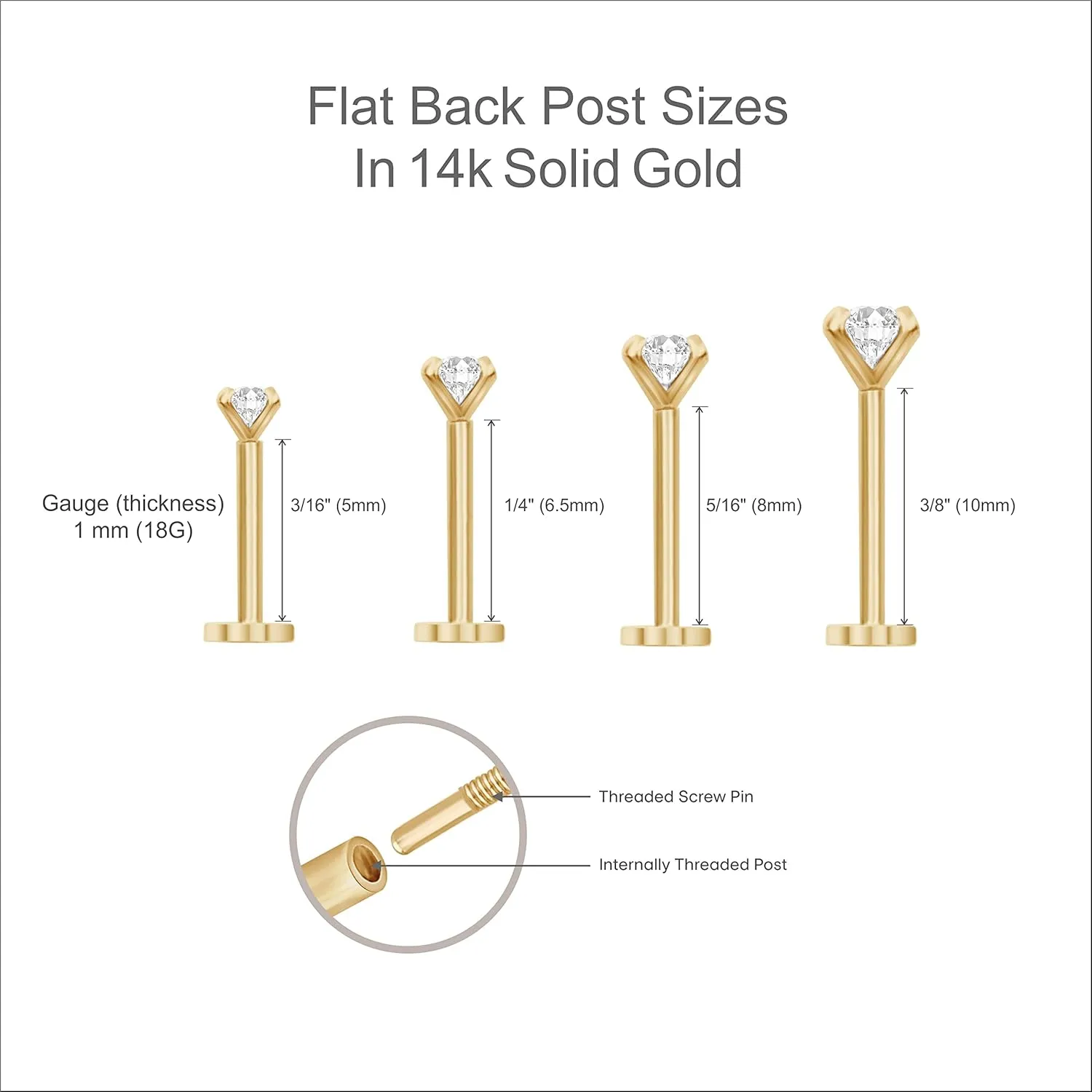14K Solid Gold Dainty Mini Bar Flat Back Stud Earring Internally Threaded Upper Earlobe Tragus Helix Piercing Jewelry for Sensitive Ears Minimalist Earring for Upper Ear Cartilage Piercing SINGLE/PAIR