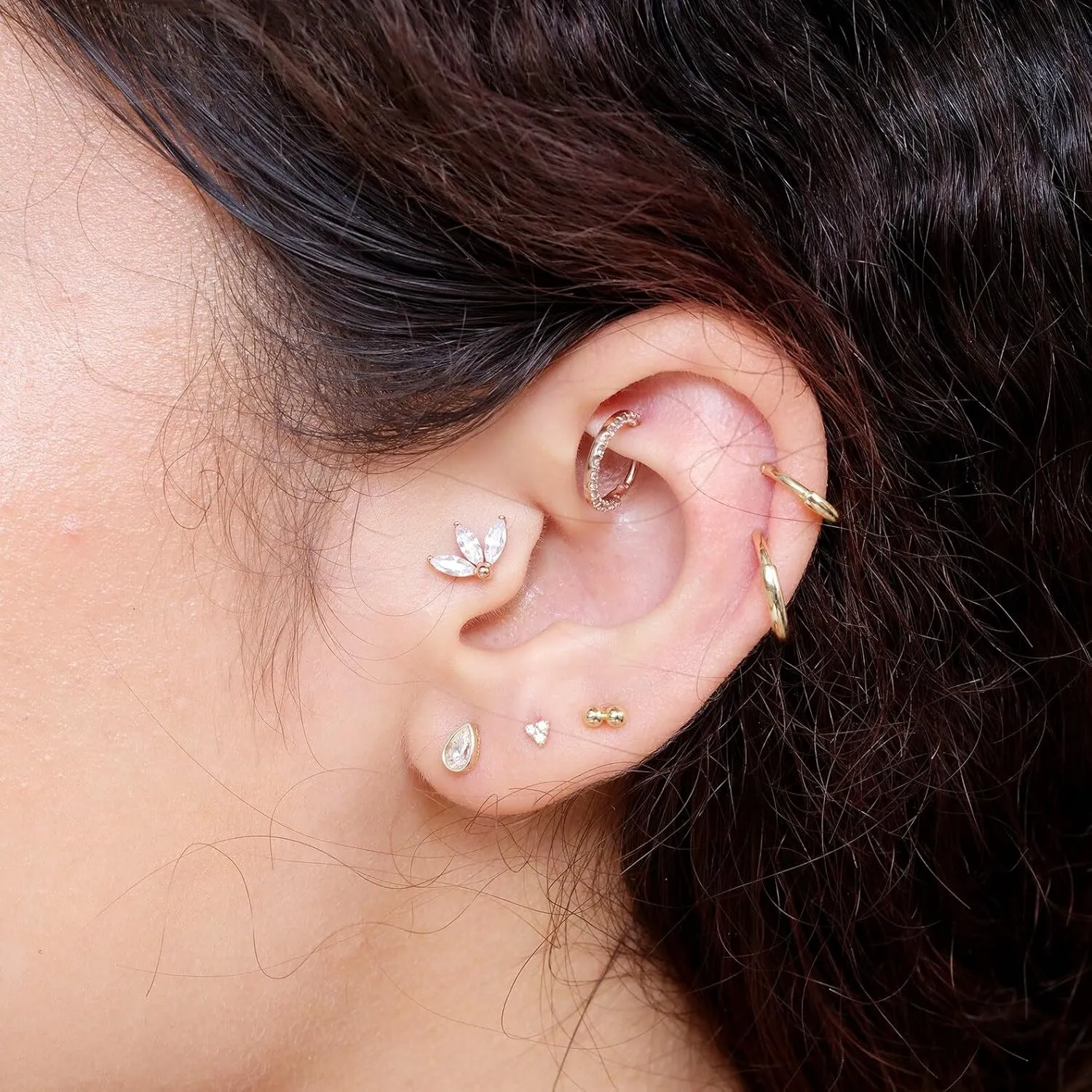 14K Solid Gold Natural Diamond Trio Stud Earring Flat Back Earring Cartilage Piercing Threaded Upper Earlobe Tragus Helix Piercing Jewelry for Men Women Nose Ring (18 G) Minimalist SINGLE STUD or PAIR