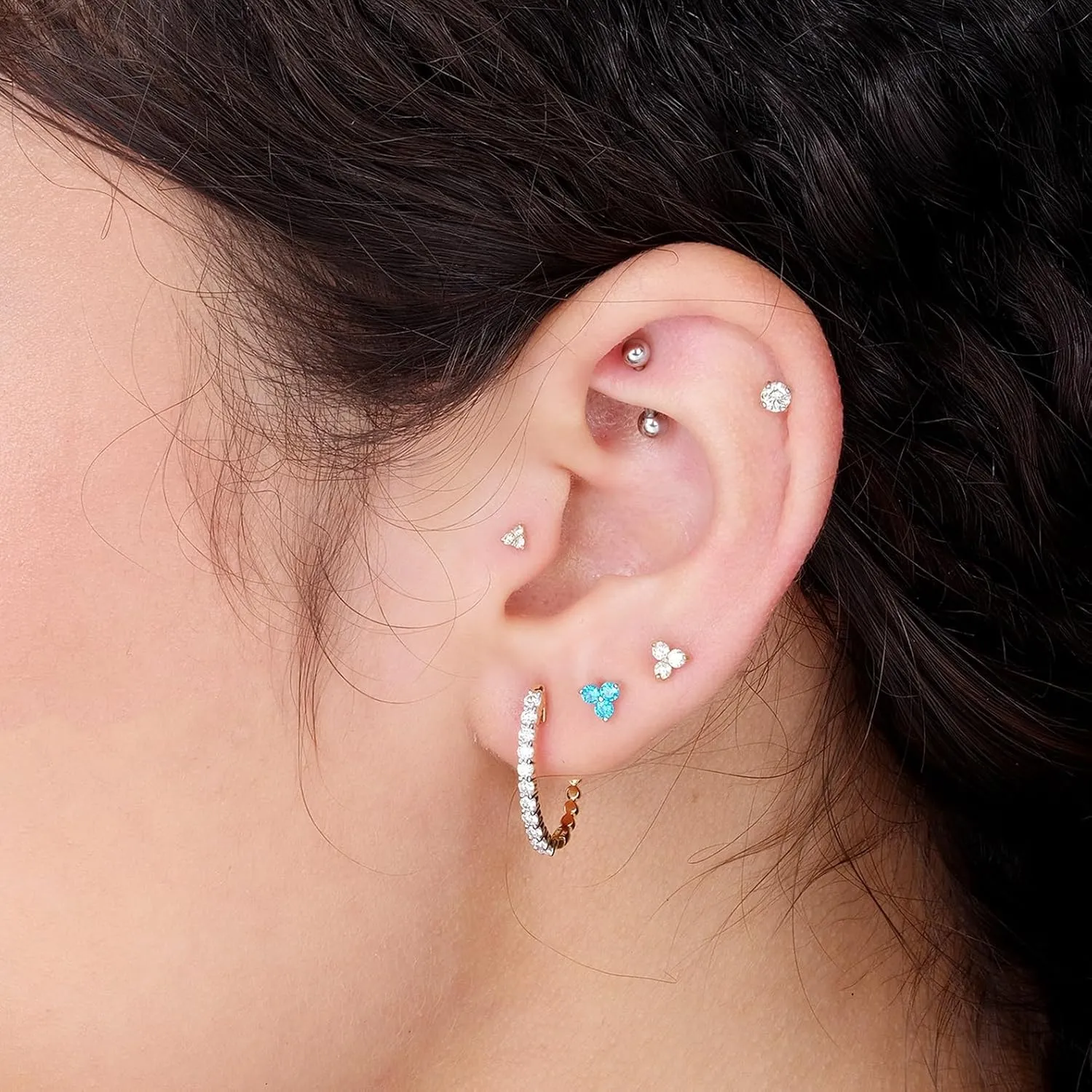 14K Solid Gold Natural Diamond Trio Stud Earring Flat Back Earring Cartilage Piercing Threaded Upper Earlobe Tragus Helix Piercing Jewelry for Men Women Nose Ring (18 G) Minimalist SINGLE STUD or PAIR