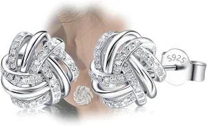 14K White Gold Plated Stud Earrings | 925 Sterling Silver Post CZ Hypoallergenic Earrings Hollow Love Knot Cubic Zirconia Earrings for Women