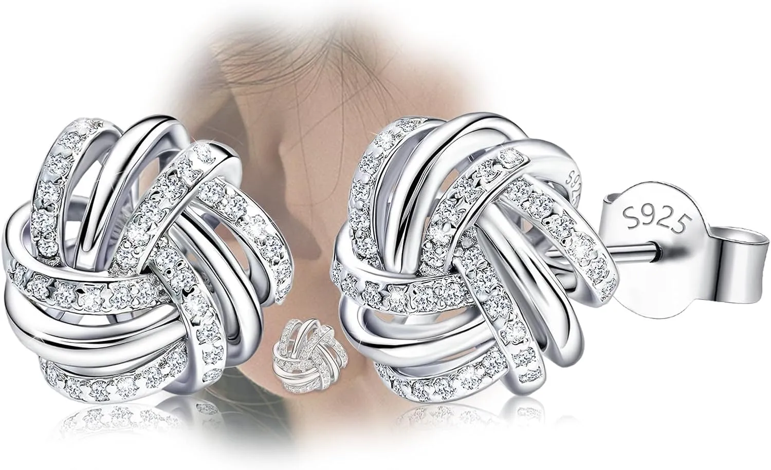 14K White Gold Plated Stud Earrings | 925 Sterling Silver Post CZ Hypoallergenic Earrings Hollow Love Knot Cubic Zirconia Earrings for Women